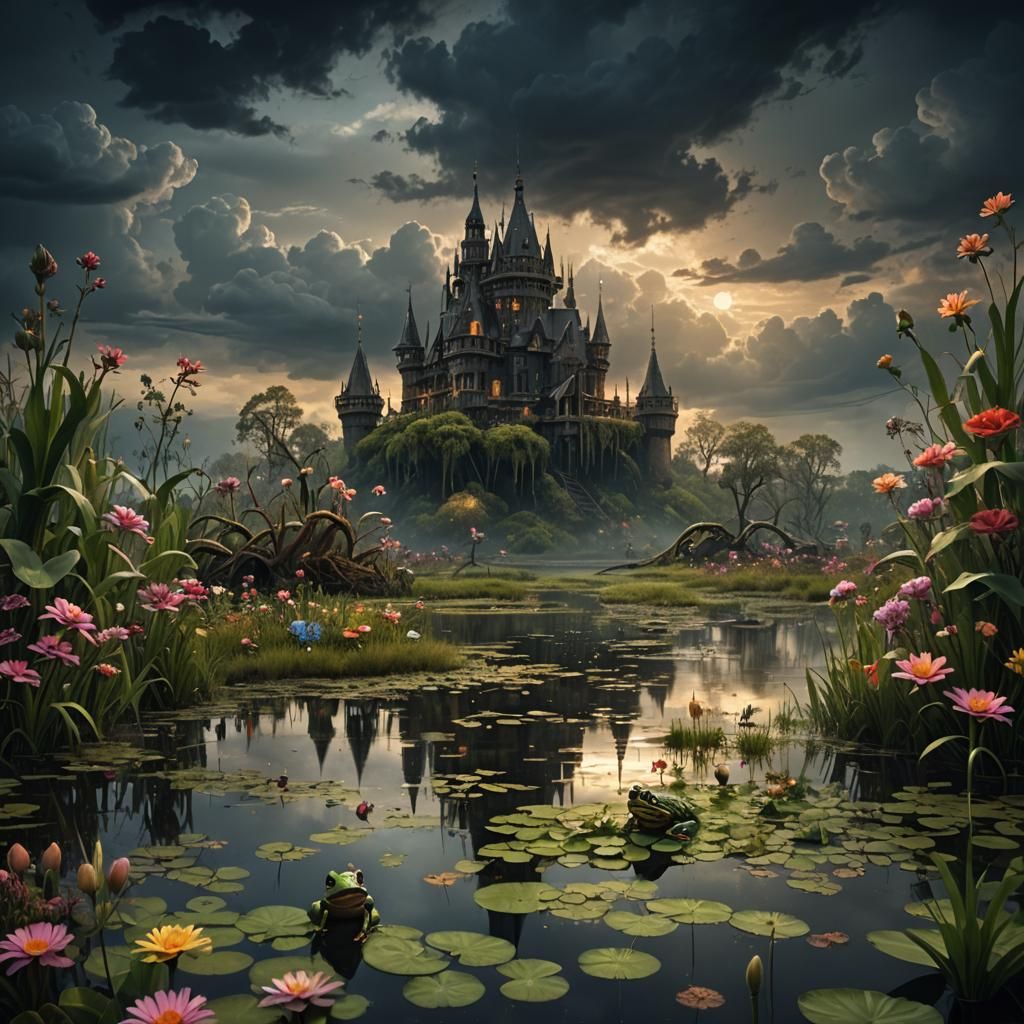 Dramatic Swamp Scene with Frog and Dark Clouds