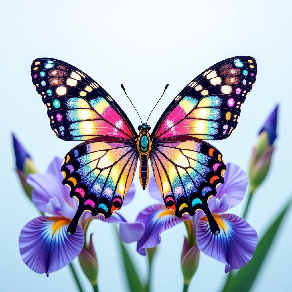 Luminous Butterfly on Irises, Photorealistic Macro Shot