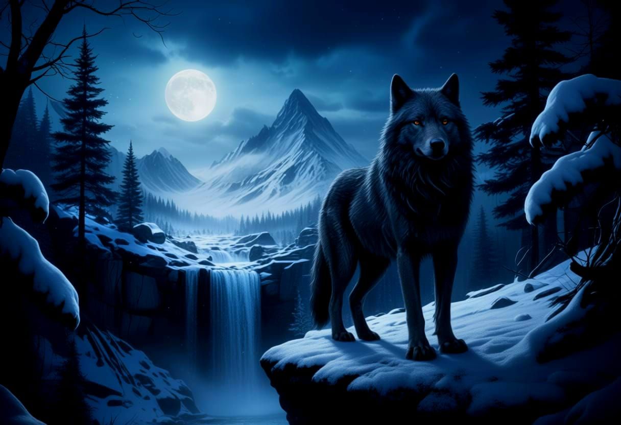 Realistic Wolf Howling on Snowy Winter Night