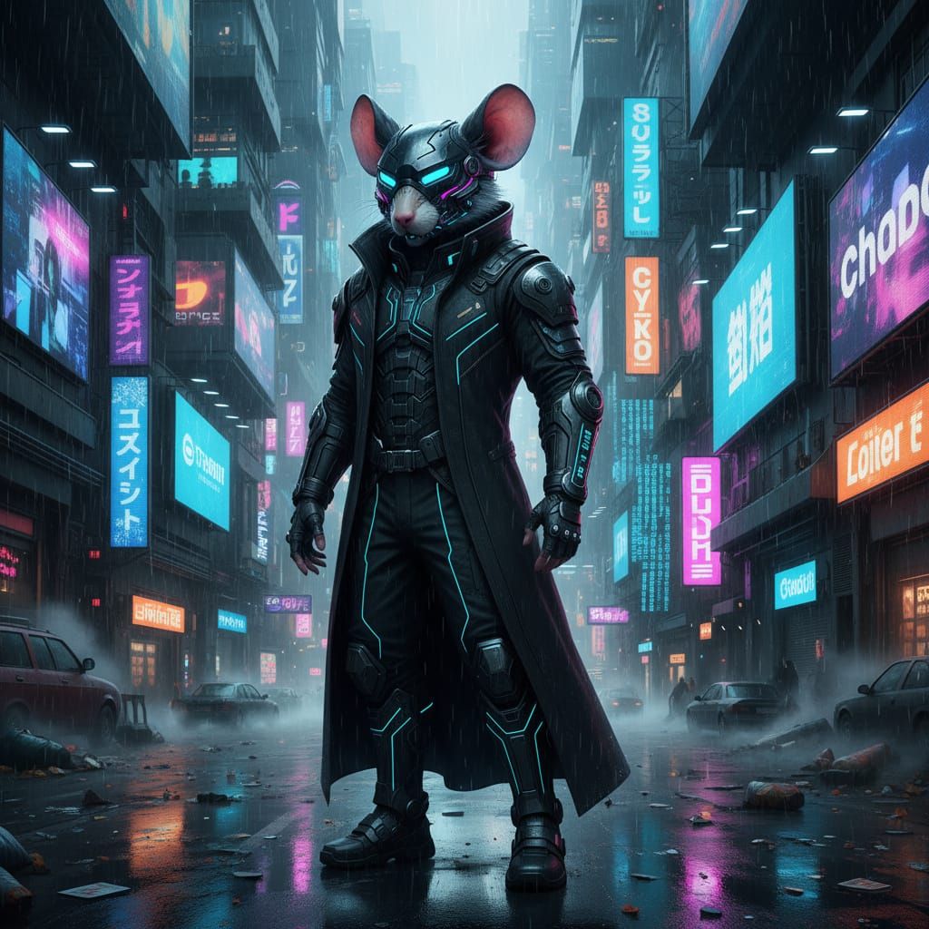 Cyberpunk Mouse Character in Neon Cityscape