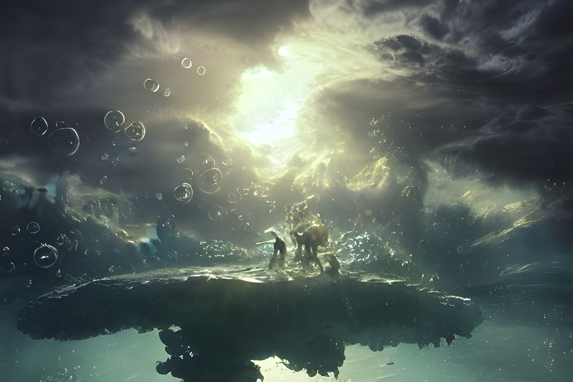 Underwater Flora Bubbles Floating Over Sunset Clouds