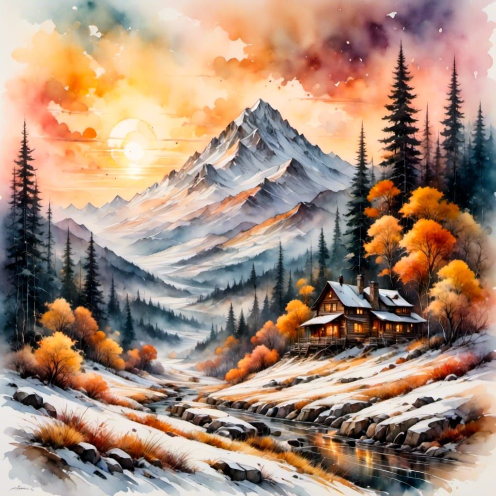 Survivalist Dome in Watercolour Sunset Landscape