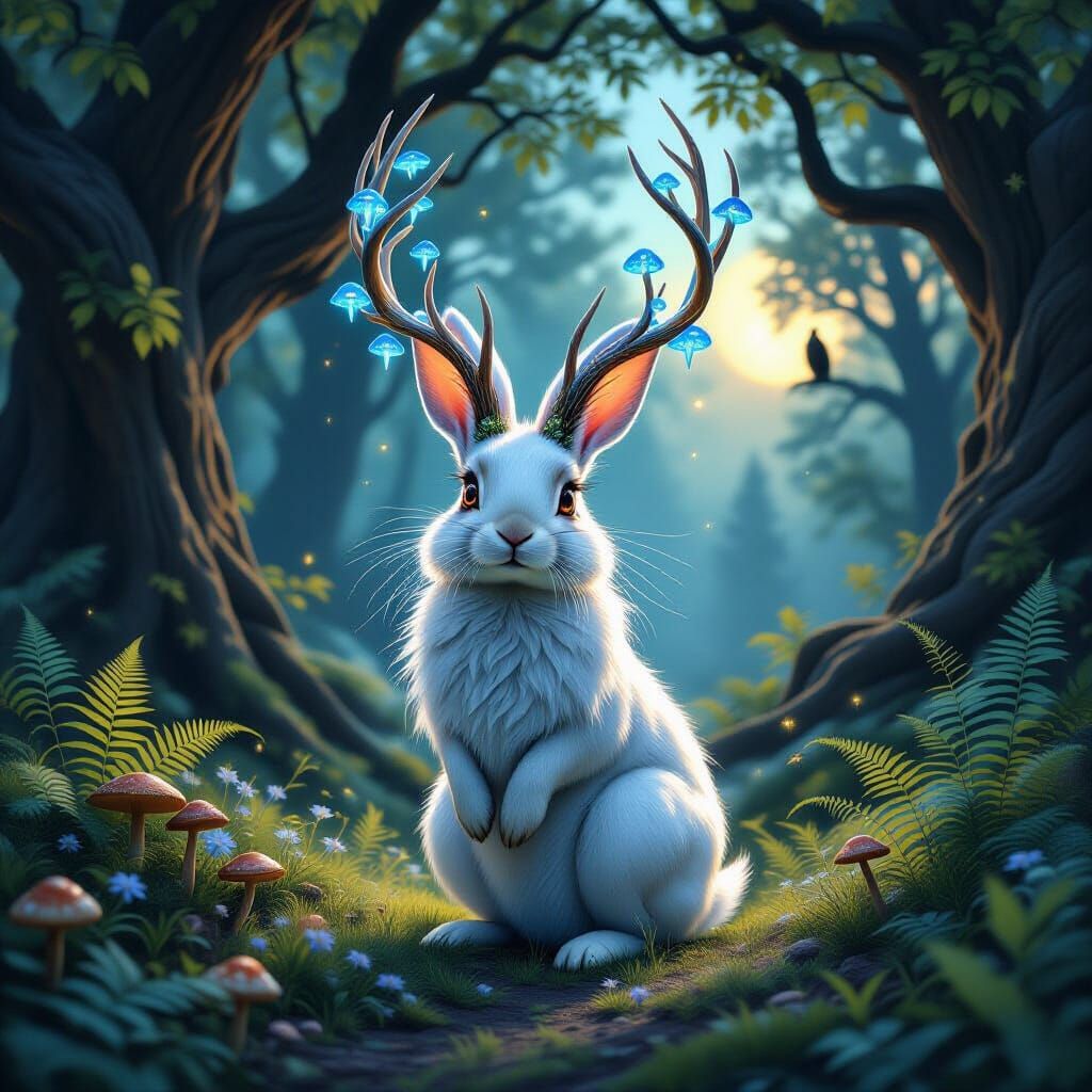 Mystical Rabbit with Antlers in Enchanted Forest at Twilight
