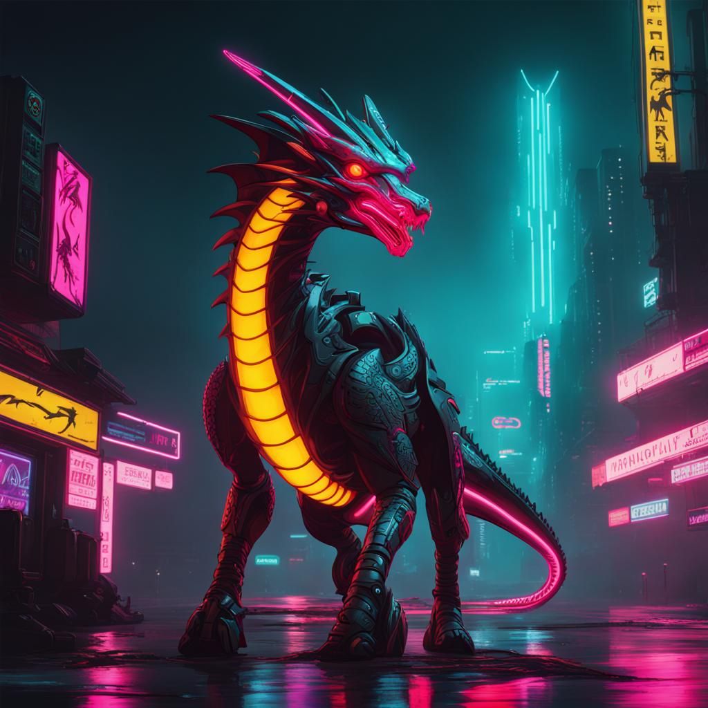 Cyberpunk Dragon in Neon Cityscape