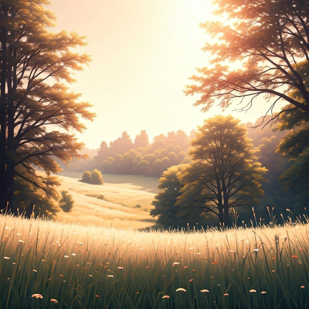 Impressionist Landscape with Rolling Hills and Verdant Meado...