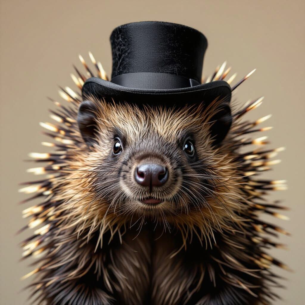 Hyperrealistic Porcupine with Curly Hair and Top Hat