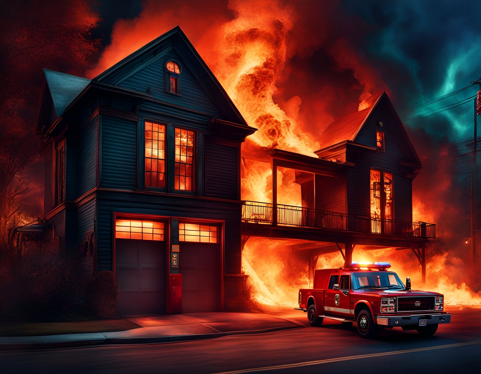 Fire Station on Fire: Dystopian Digital Illustration