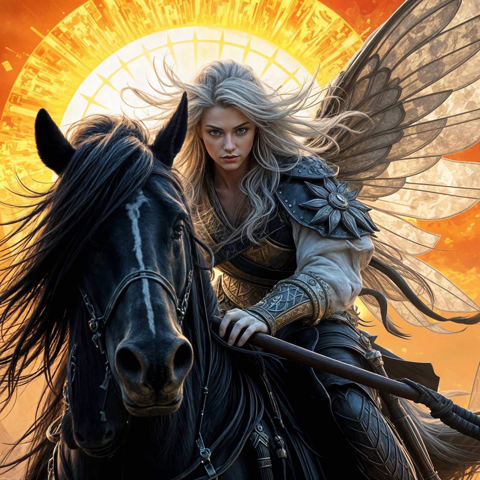 White Fairy Warrior on her Black Friesian Warhorse