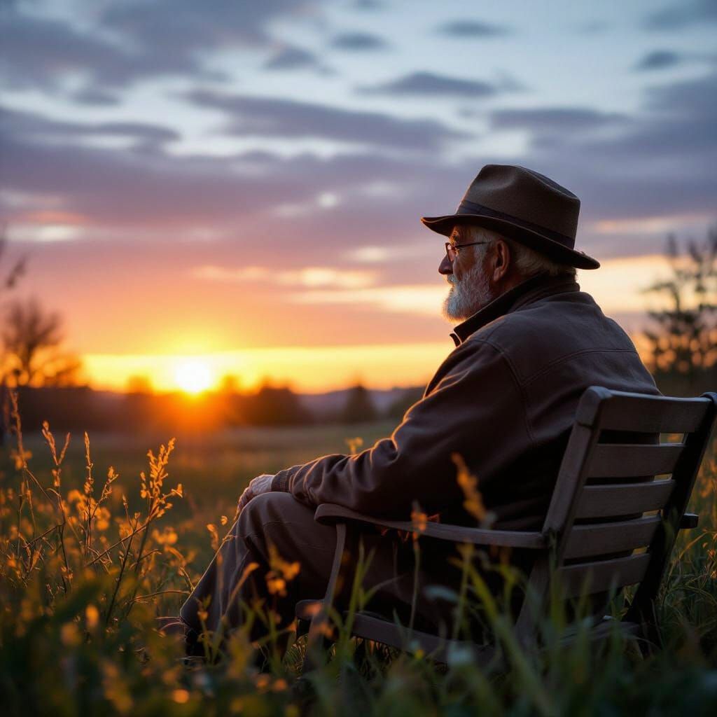 Old Man Watching Sunrise in His Yard