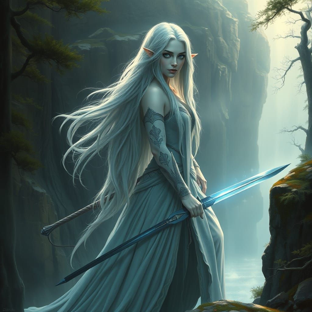 Elven Swordswoman in Moonlight: A Dark Fantasy Portrait