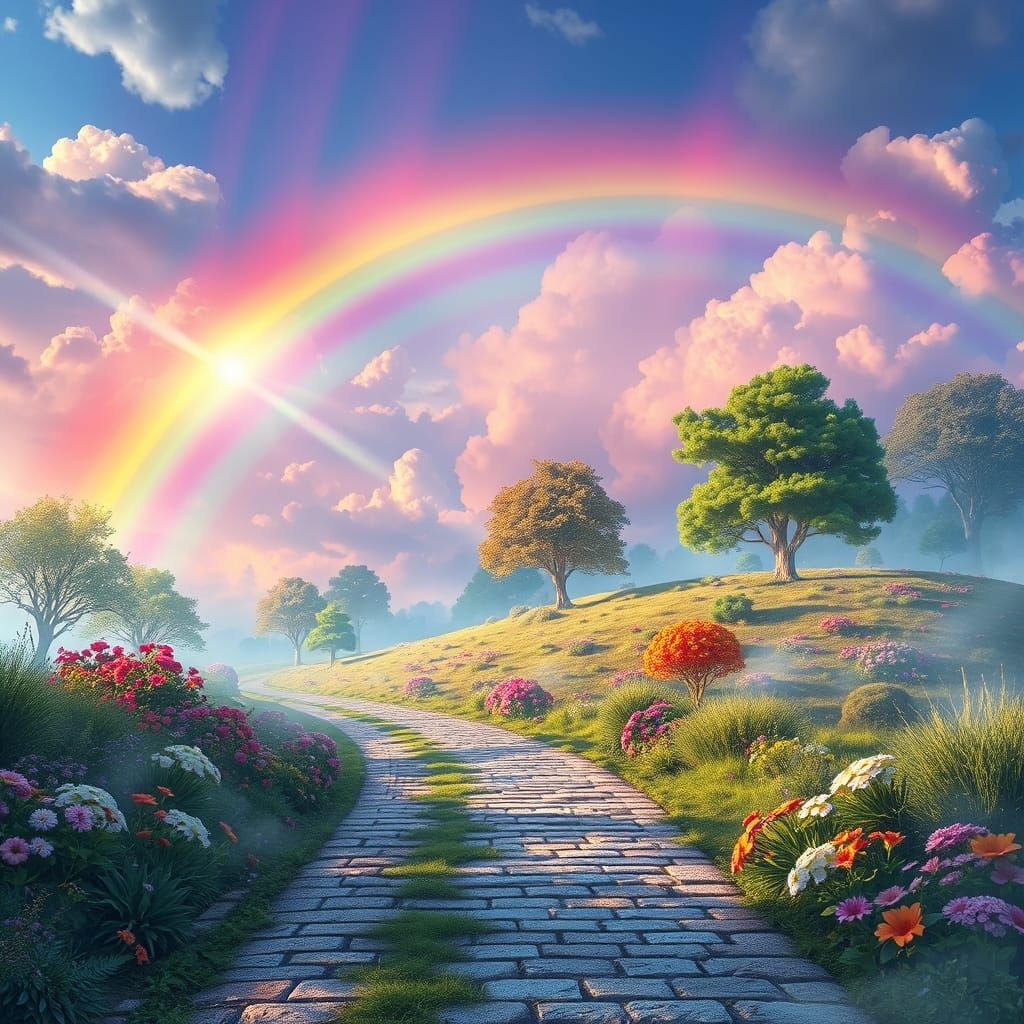 Ethereal Rainbow Landscape with Golden Path