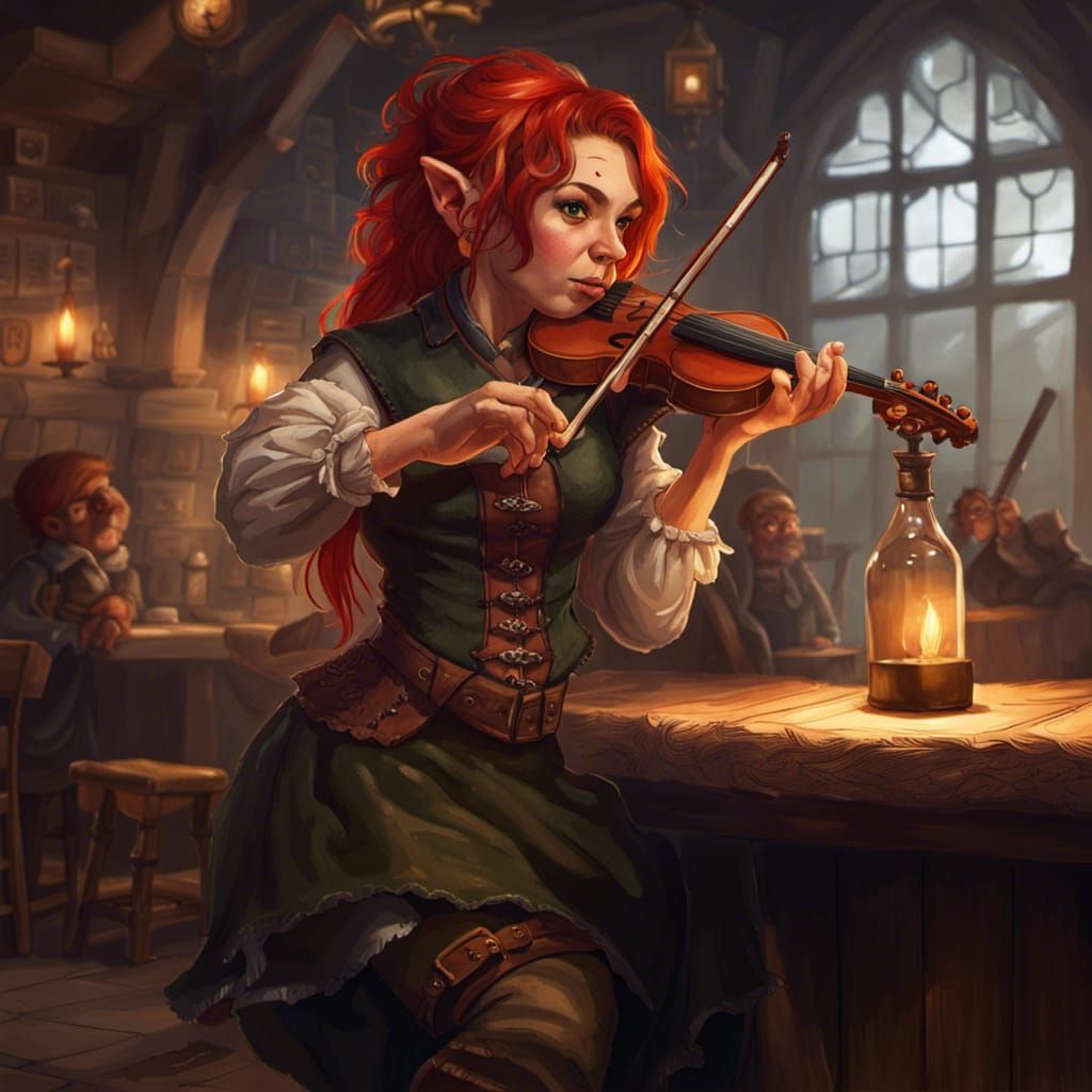 Halfling Bard with Violin in Tavern, Detailed Fantasy Art