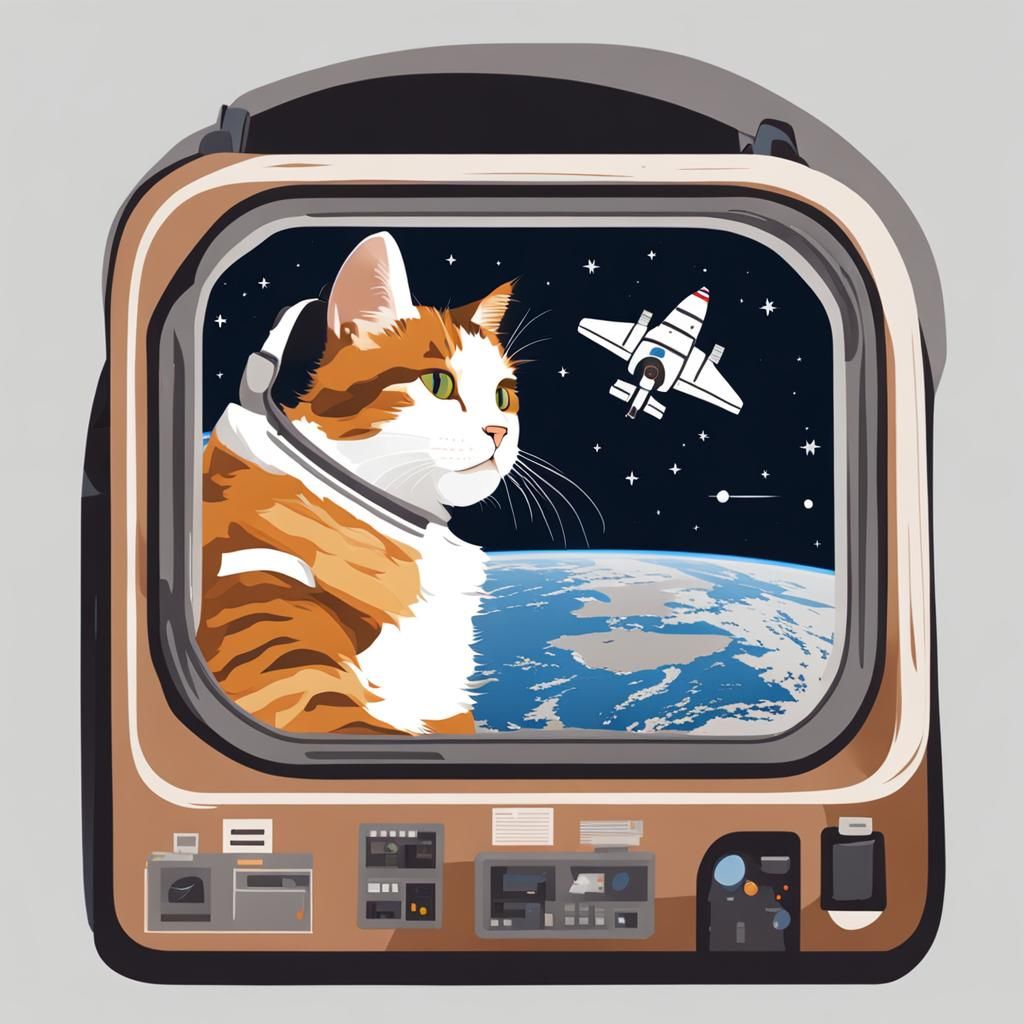 Calico cat piloting a NASA space shuttle.