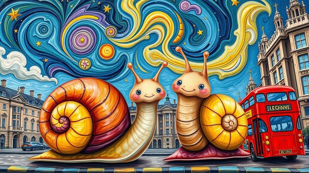 Whimsical Snails Explore London: Oil Painting Style