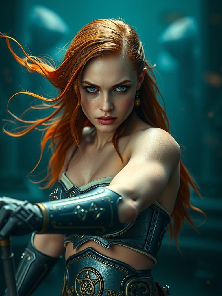 Cyberpunk Sarah in Opalescent Armor, Cinematic Action Shot