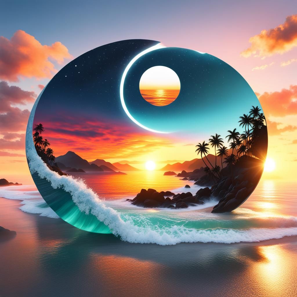 Ethereal Yin Yang Sunset Beach Double Exposure