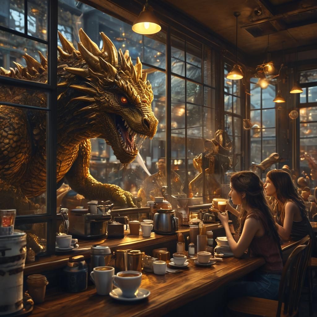 Mythical Creatures Enjoying Coffee in Steampunk Cafe