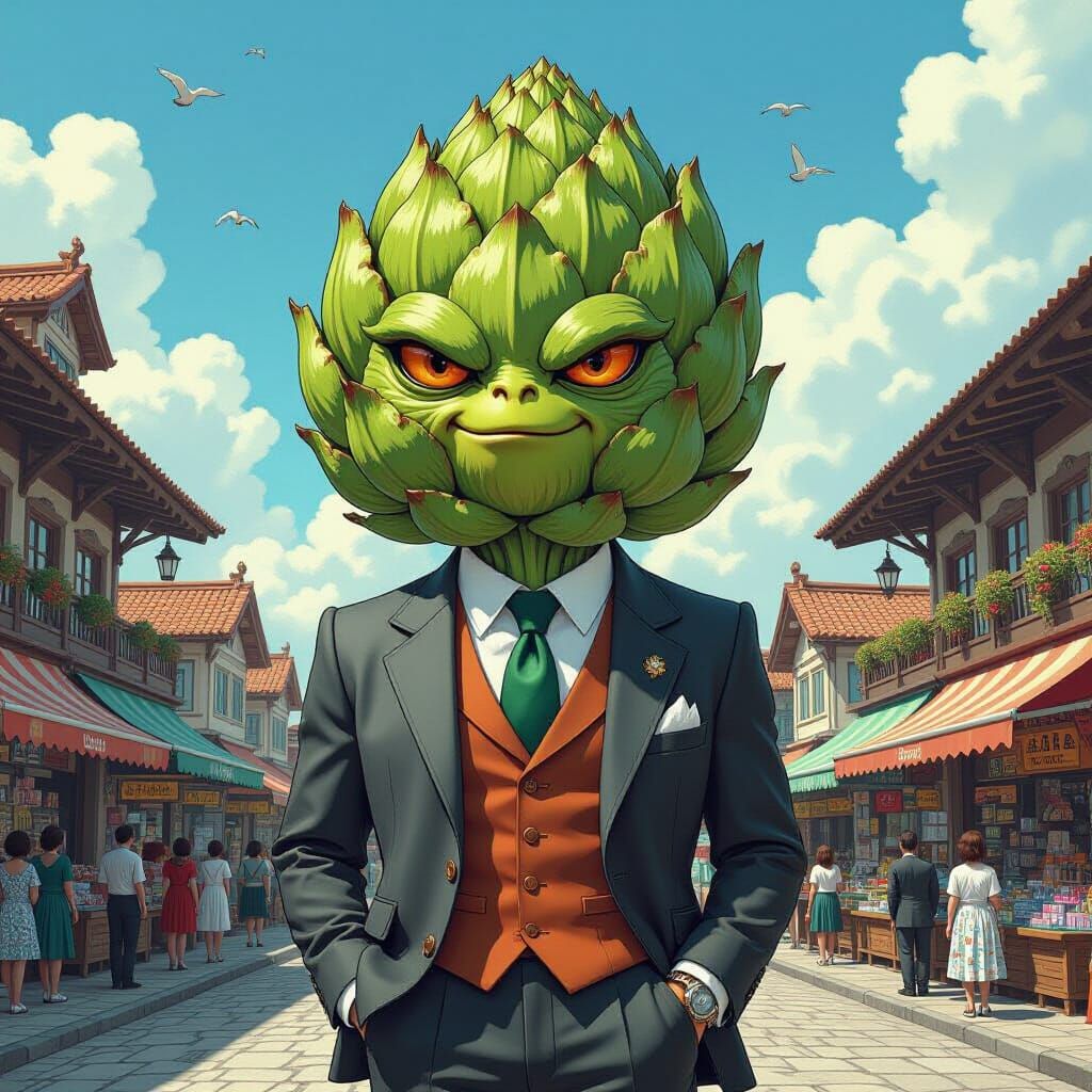 Sinister Artichoke Attorney in Whimsical Market Scene