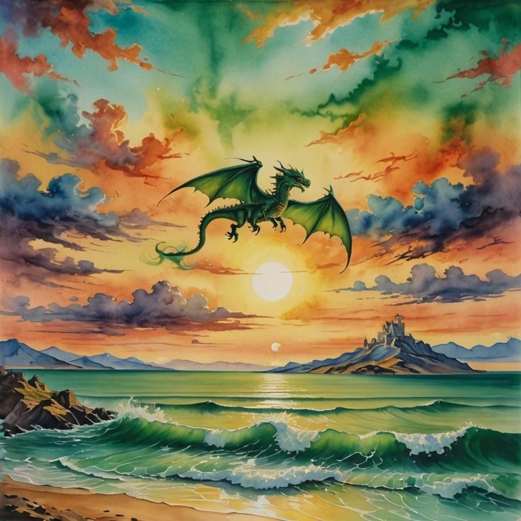 Green Dragon Sunset in Surreal Watercolor Painting