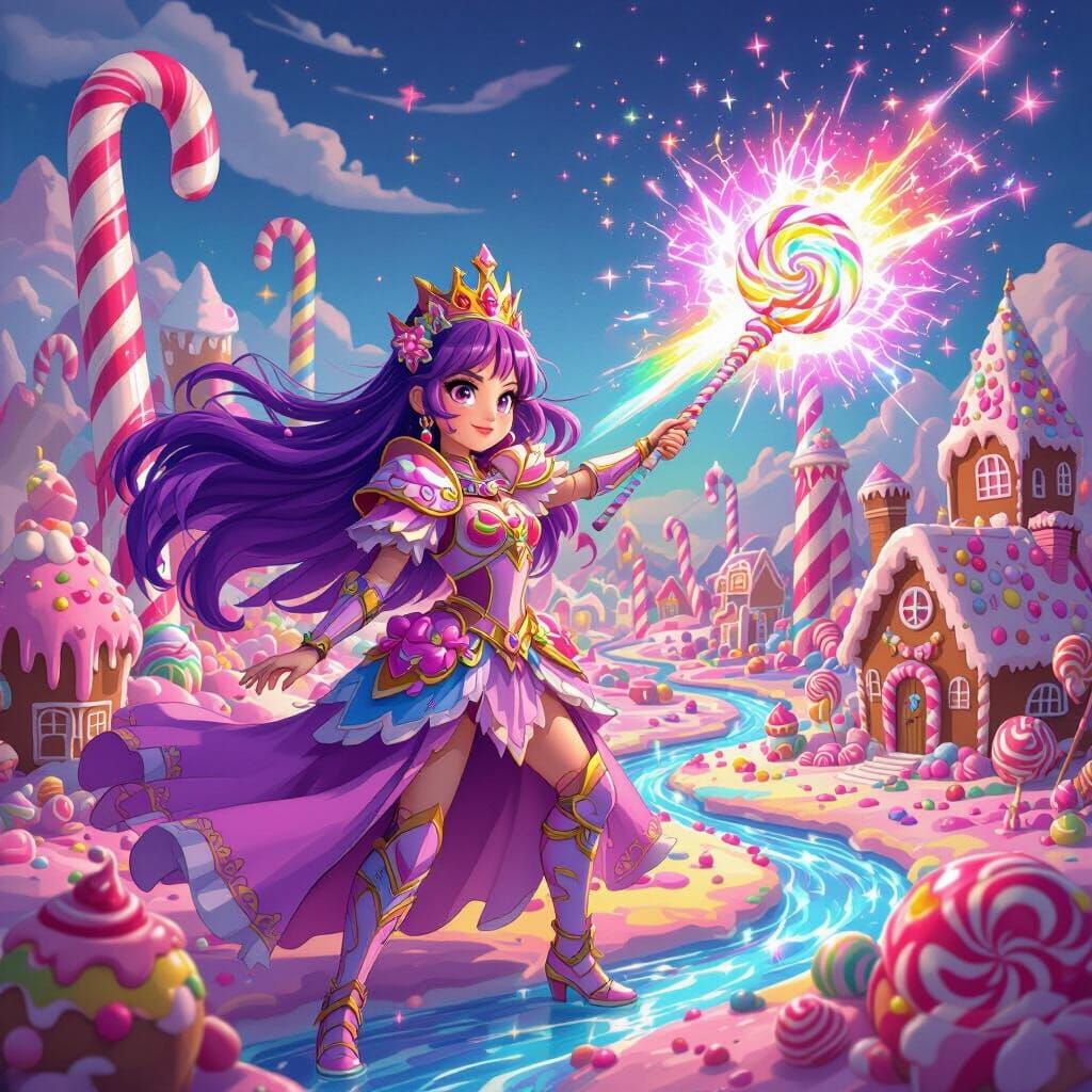 Candy Queen Warrior Wields Lollipop Scepter in Sweet Realm