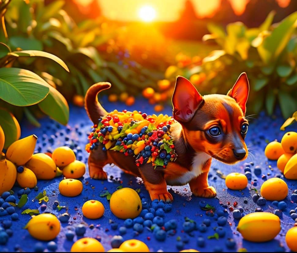 Surreal Blueberry Kitten Chased by Banana Dachshund in Whims...