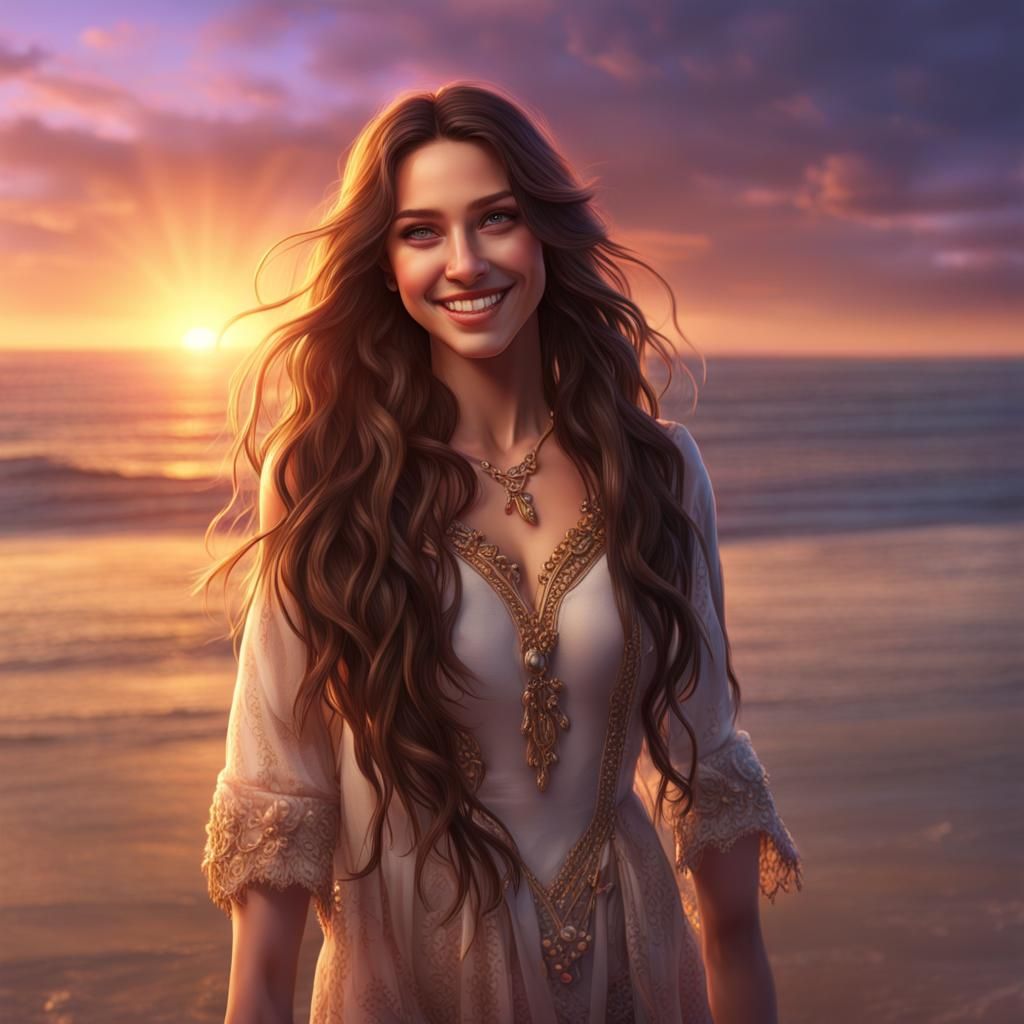 Brunette Girl Waving at Sunset: Fantasy Portrait Art