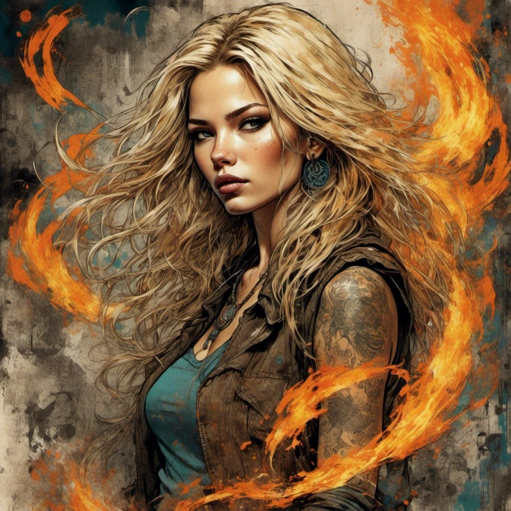 Blonde Woman Playing with Fire: Grunge Poster Art