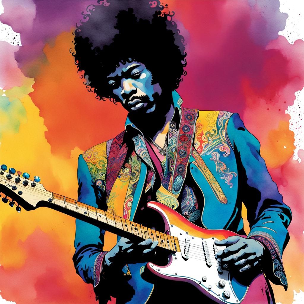 Jimi Hendrix Watercolor Portrait with Guitar