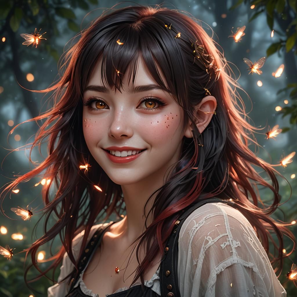 Ethereal Mist: Girl with Fireflies, Fairies, Shooting Stars