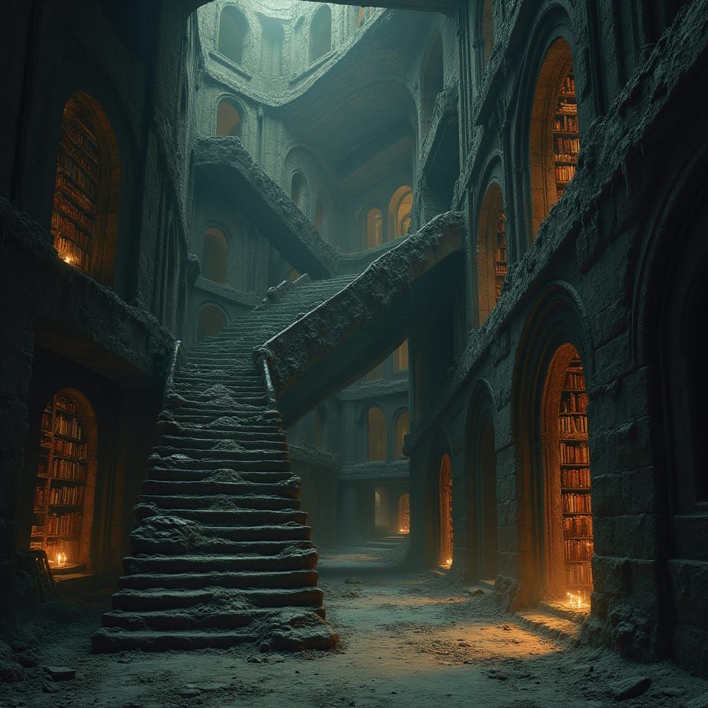 Obsidian Library with Floating Books in Biomechanical Horror...