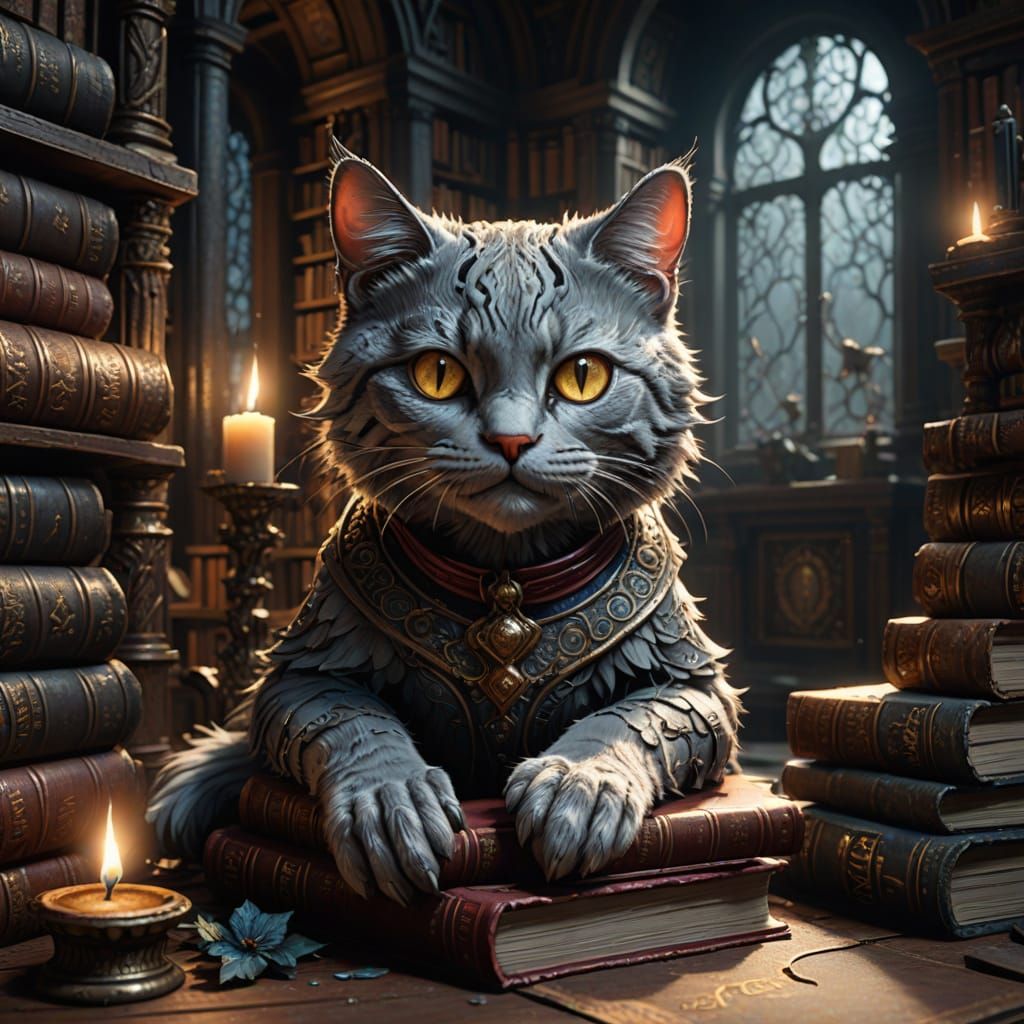 Mysterious Silver Cat Emerges from Ancient Library Shadows
