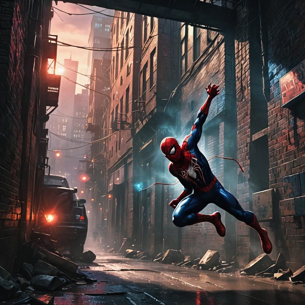 Spiderman Swings Through Dark City: Comic Book Art