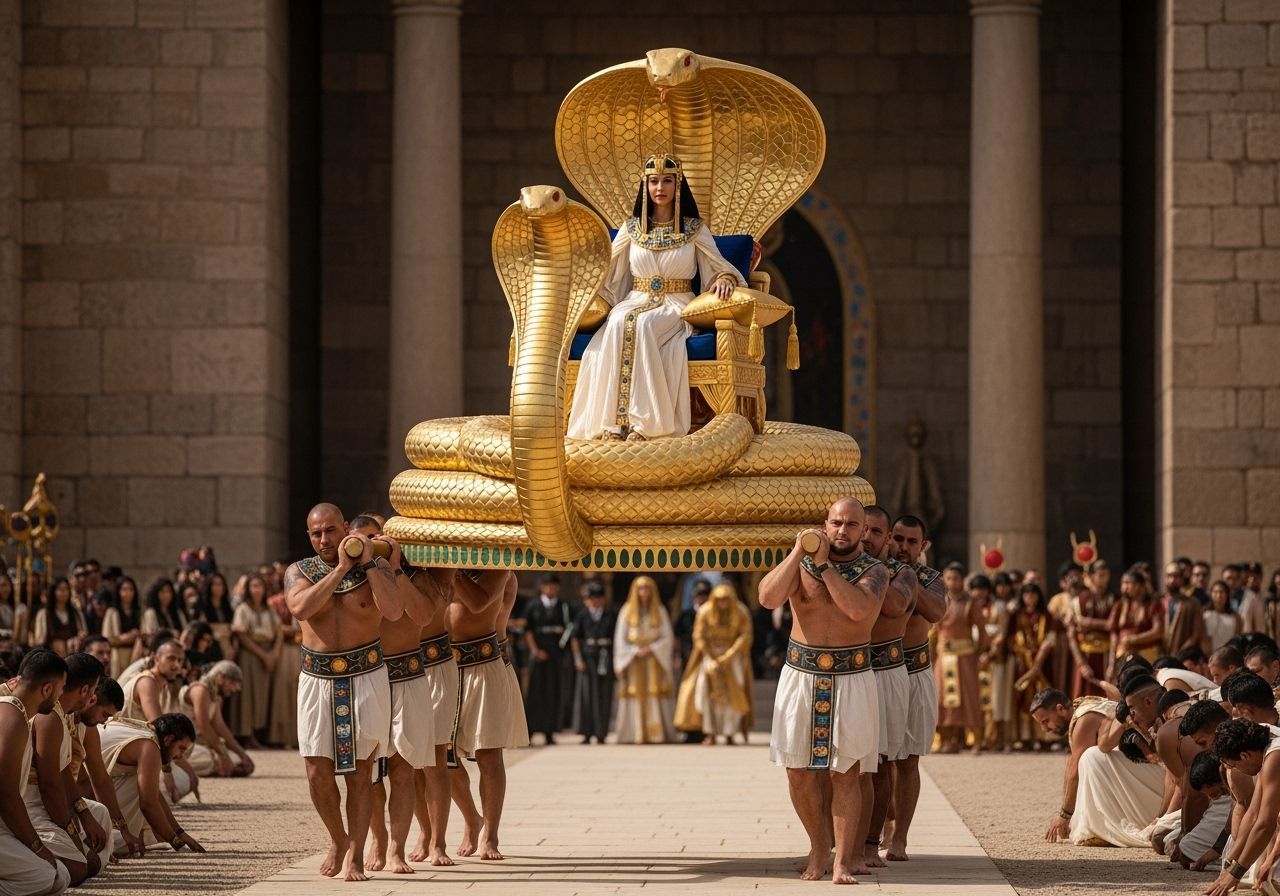 Egyptian Queen on Cobra Throne: A Lavish Spectacle