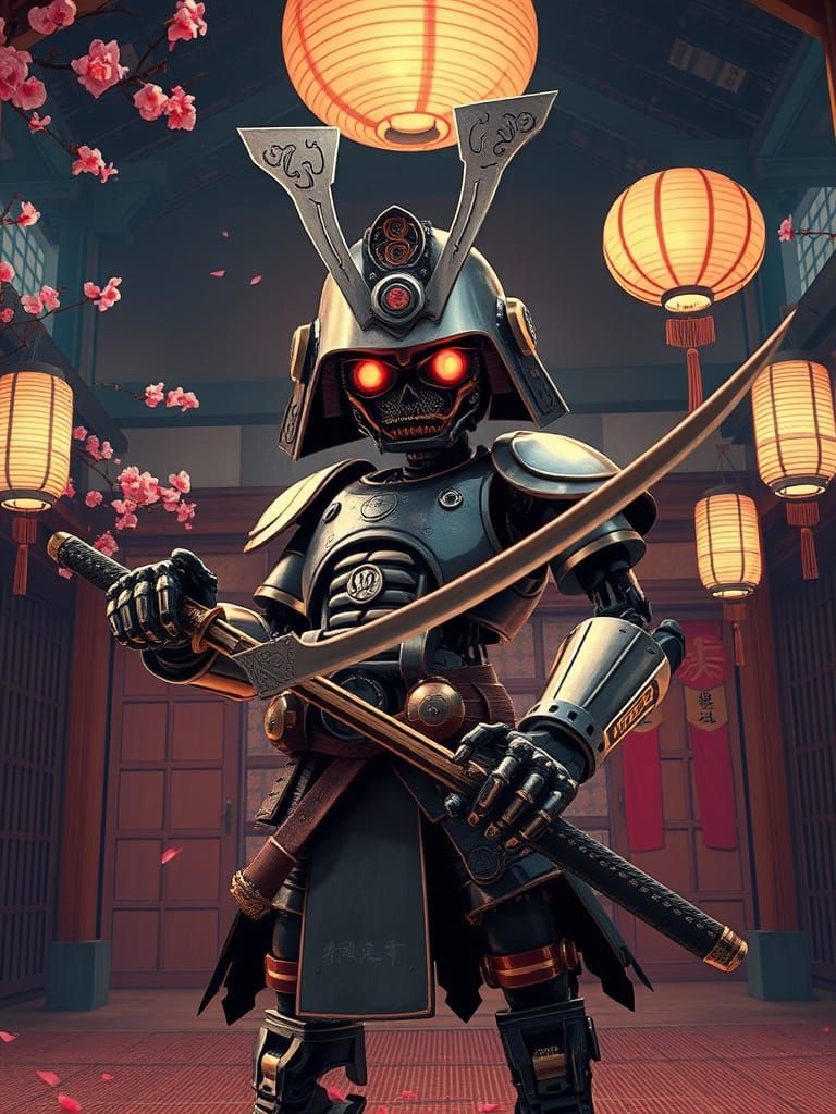 Robot Samurai in Retro-Futuristic Dojo: Tim Burton Style