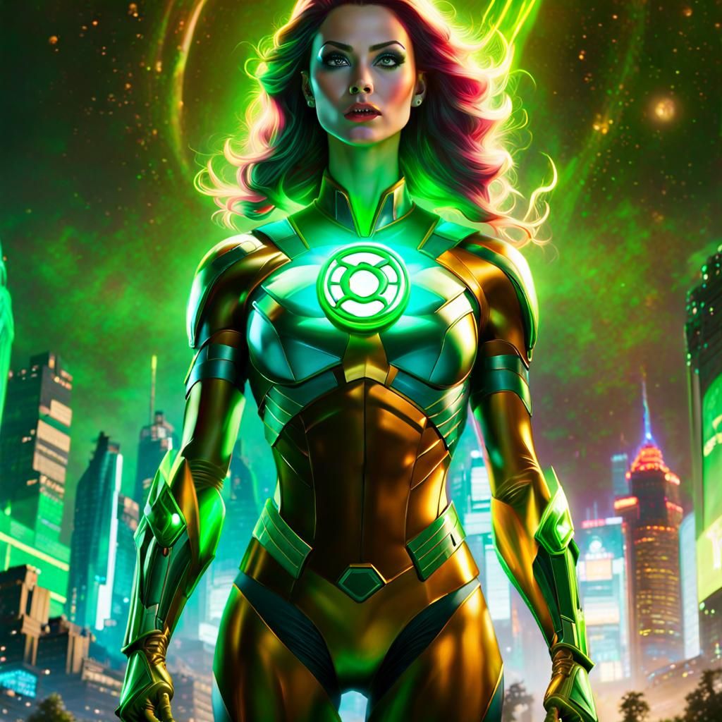 Green Lantern in Steampunk Metallic Neon Cityscape