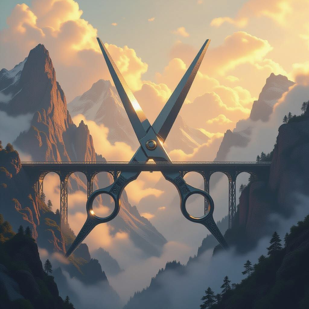 Scissors Bridge Between Mountains in Surreal Style