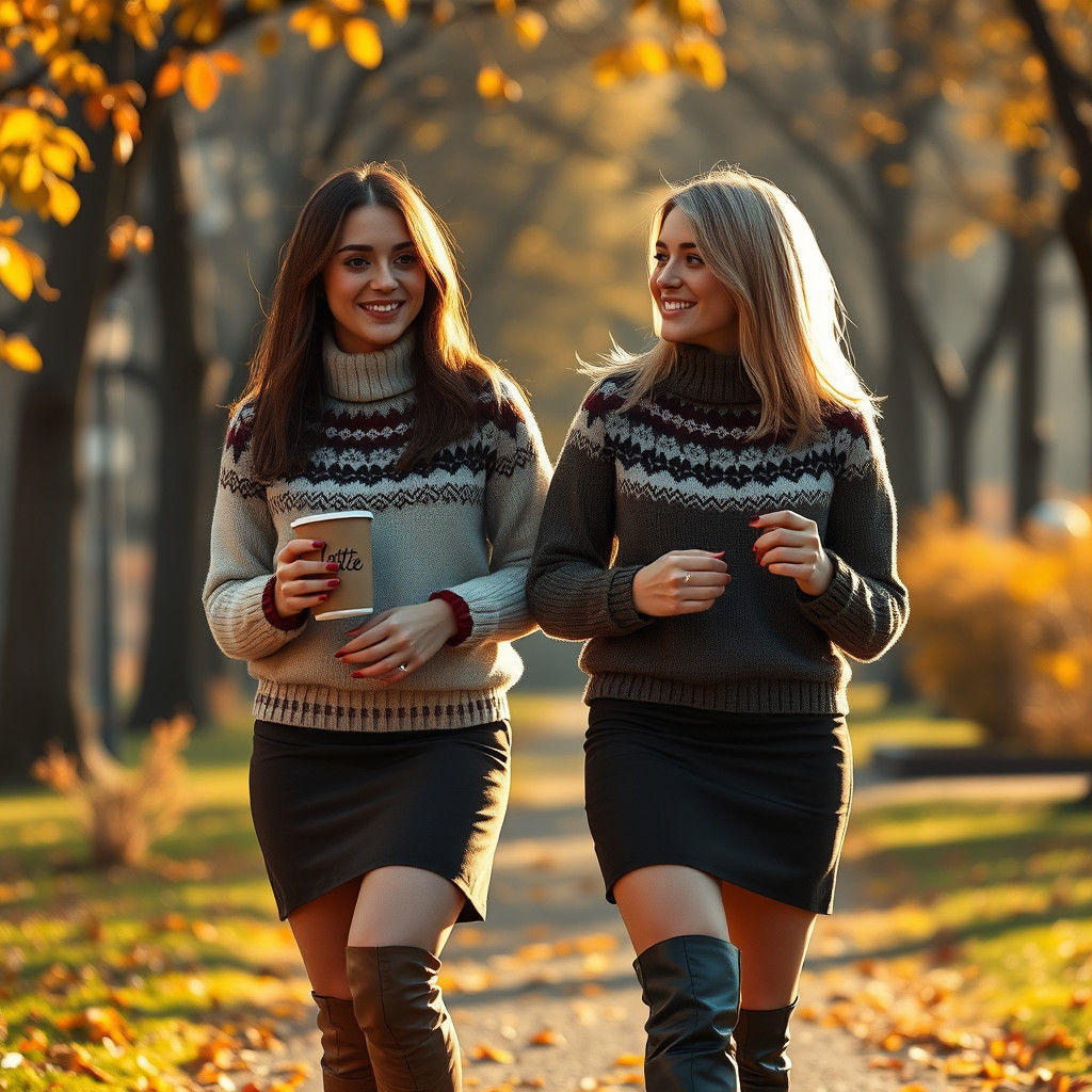 Elegant Women in Autumn Park, Fantasy Concept Art