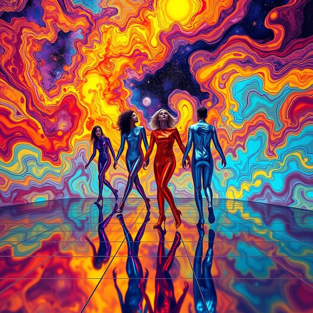 Vibrant Cosmic Disco Scene in Kaleidoscopic Style