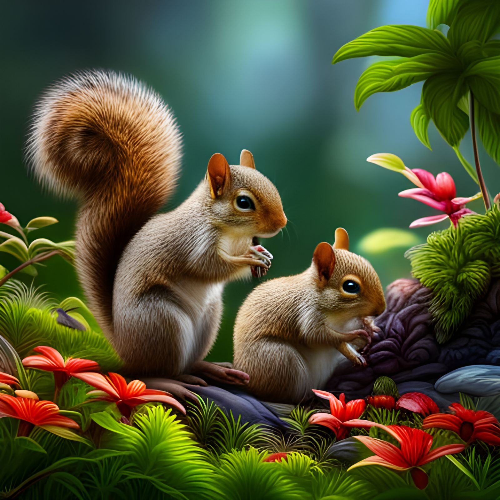 Baby Squirrels in Flower Garden: Hyperrealistic Splash Art