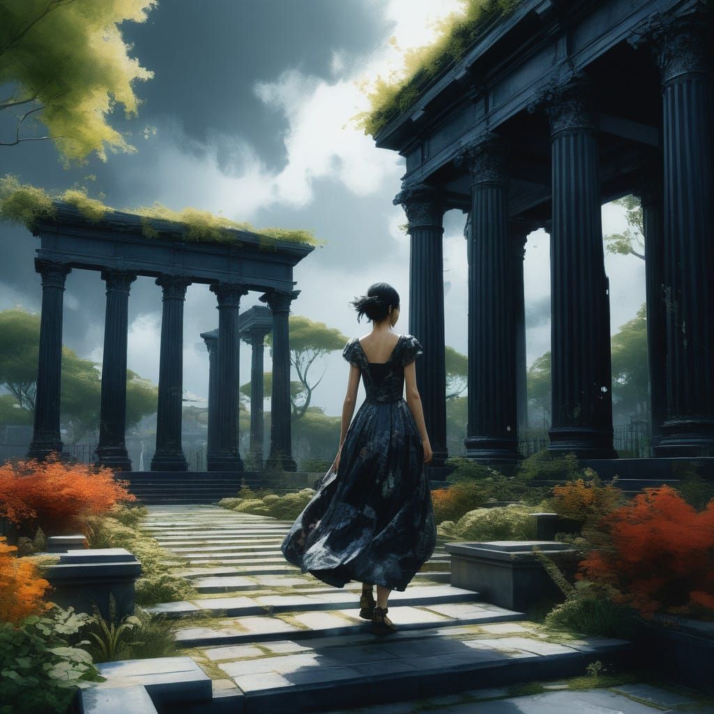 Confident Woman Walks through Fantastical Garden in Detailed...