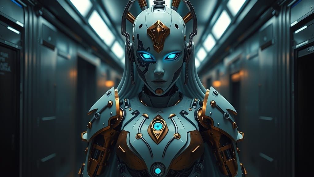 Gynoid Athena in Greek Armor Walks Down Lit Corridor