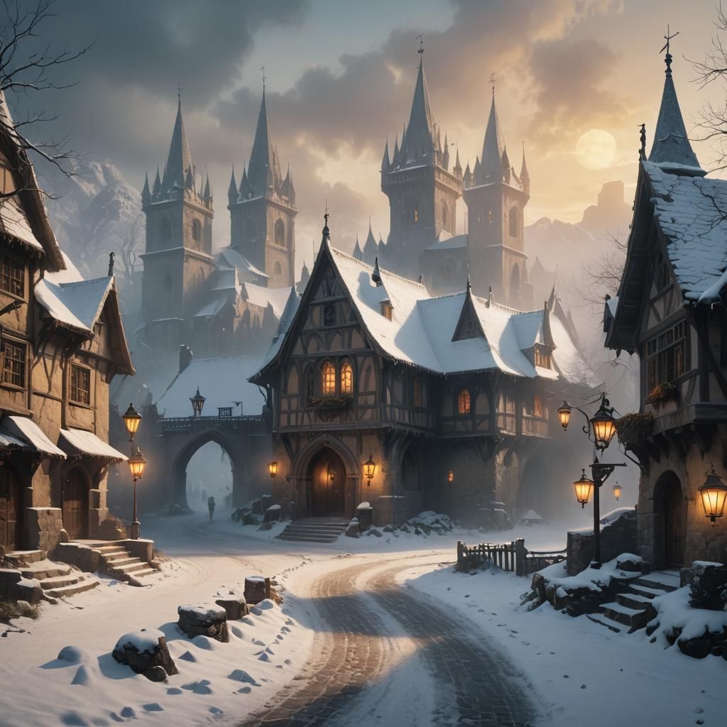 Medieval Village Entrance in Winter Fog