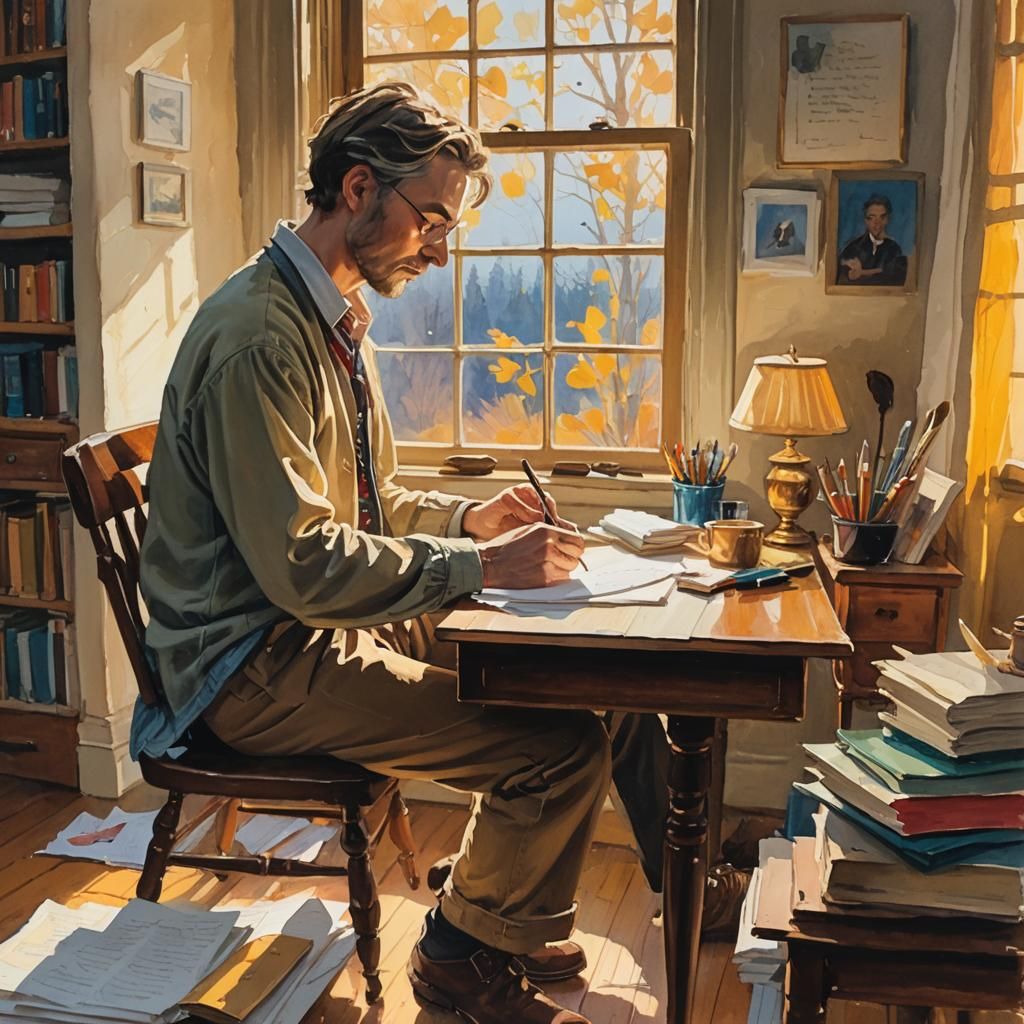 Poet's Golden Window: A Detailed Gouache Painting