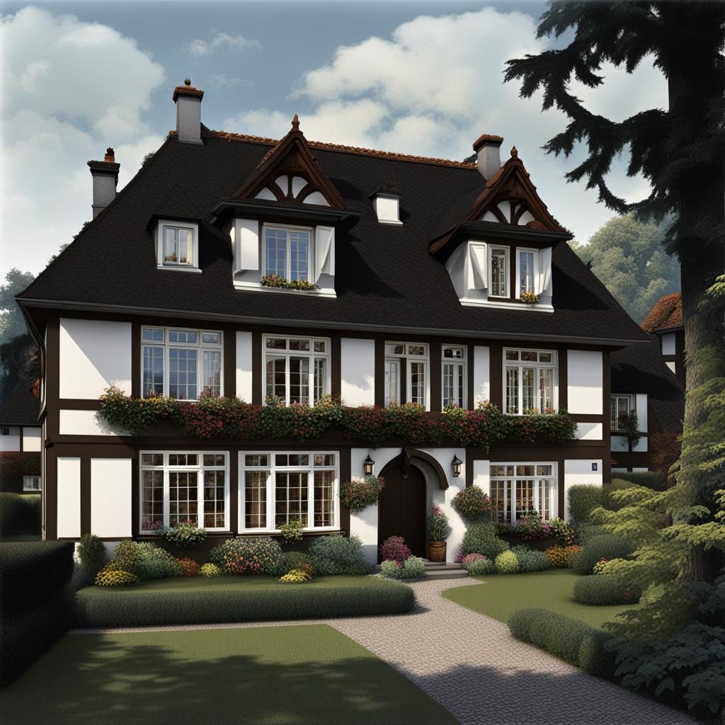 Large 1970s German House with Garden in Matte Painting Style