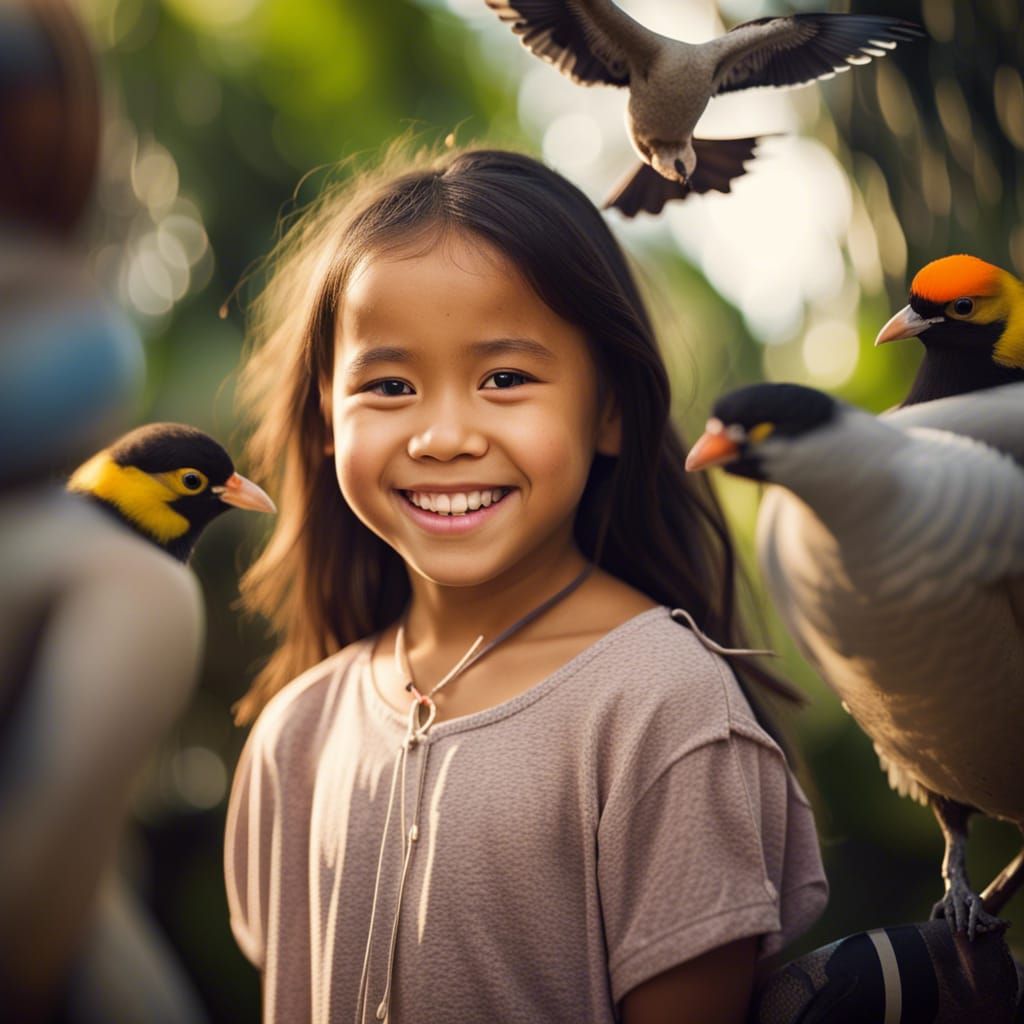 Portrait of Smiling Pacific Islander Girl with Birds