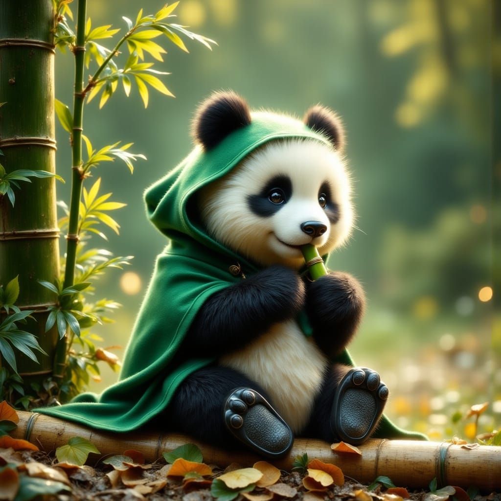 Panda Bear in Green Cape Eating Bamboo