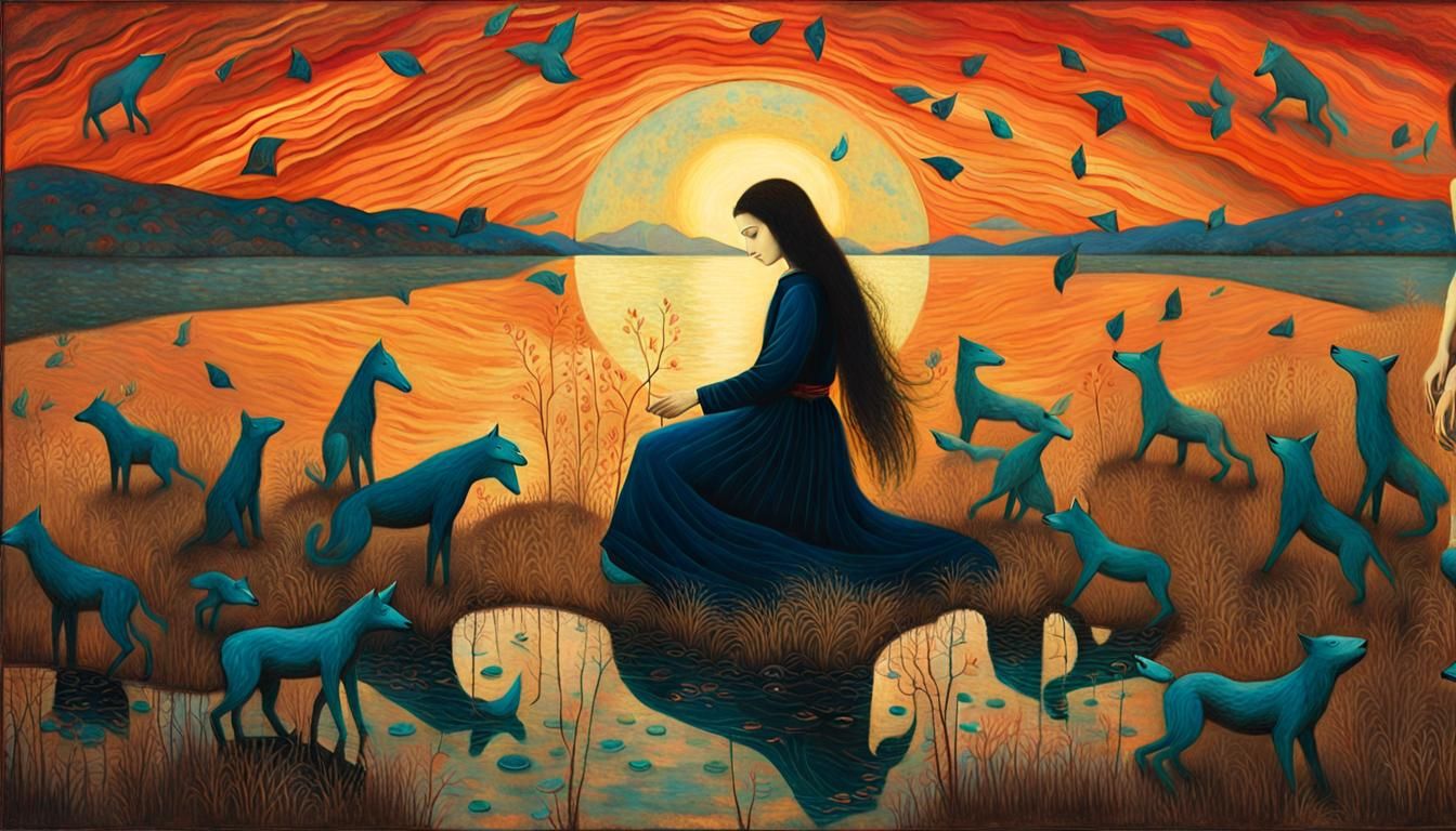 Surreal Bio Art: Woman, Sunset, Cracked Mirrors