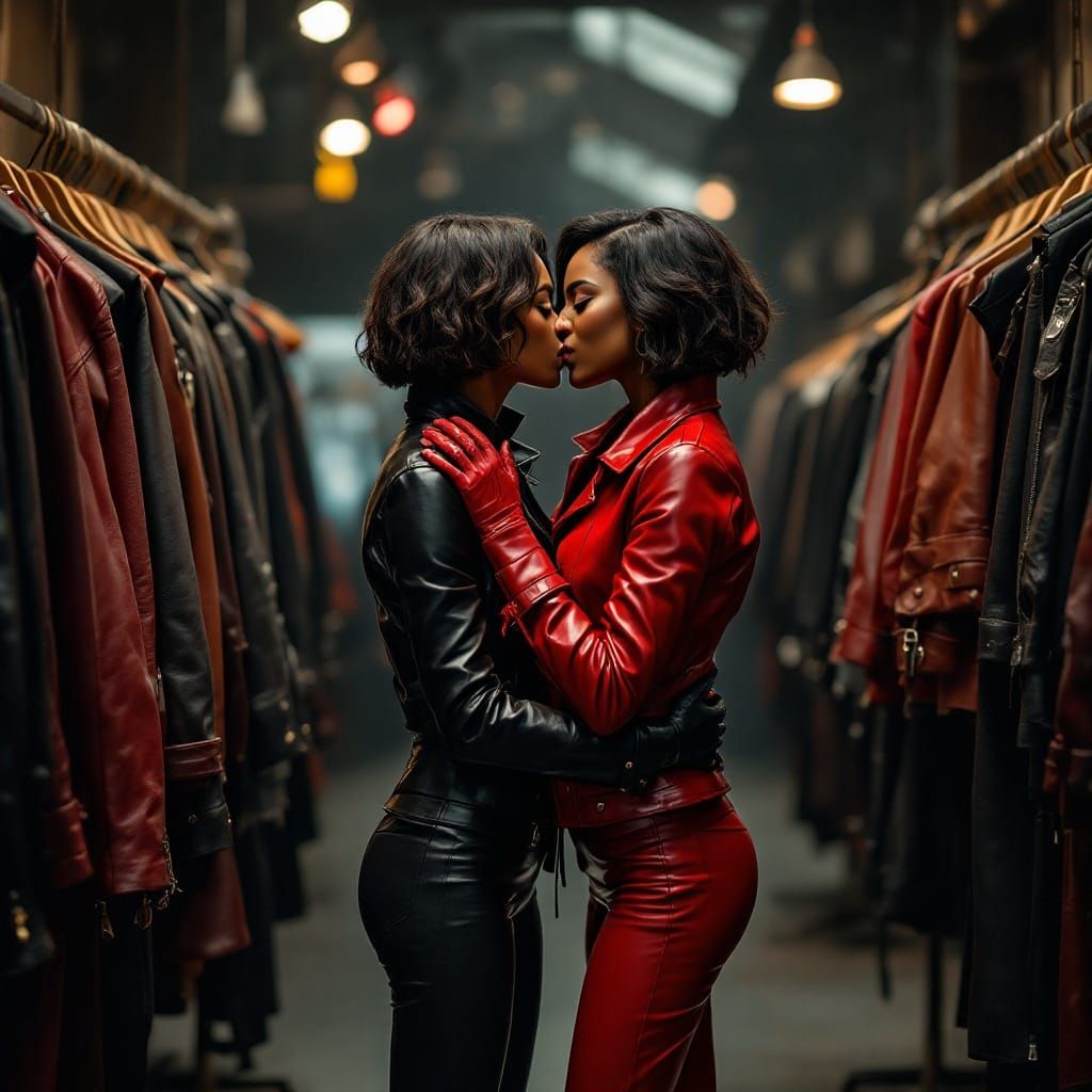 Women in Leather Clothing Boutique Embrace in a Romantic Mom...