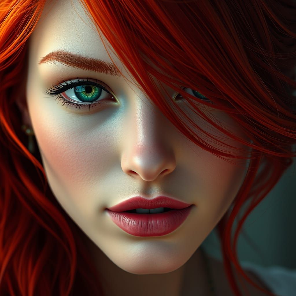 Hyperrealistic Portrait of a Red-Haired Beauty in Golden Lig...