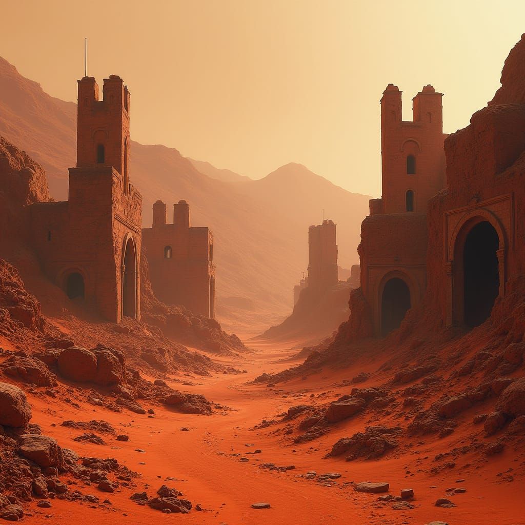Abandoned Martian Town Ruins in Sandstorm